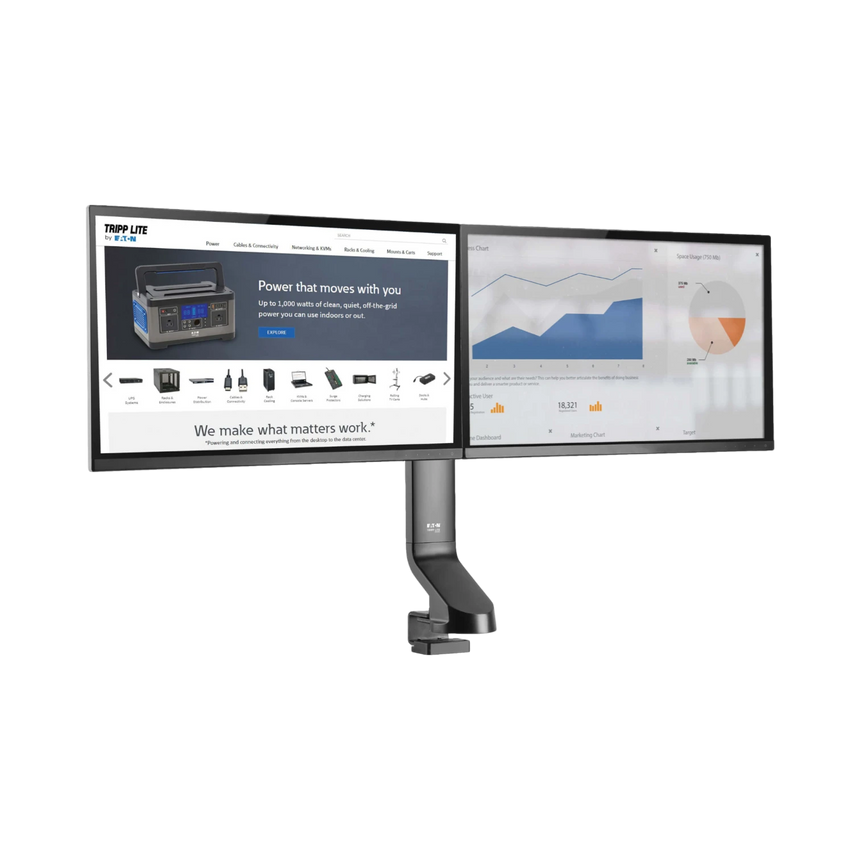 Tripp Lite Dual-Display Monitor Arm with Desk Clamp and Grommet, Height Adjustable, 17" to 27" Monitors — Being Shipped