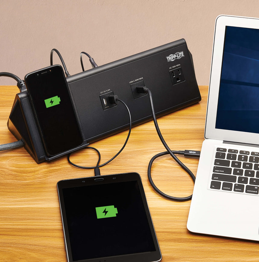 Tripp Lite Safe-IT 6-Port USB Charging Station, 2x USB-C 60W, 4x USB-A, 2x 5-15R, Wireless Charging, 1000 Joules, 10 ft. Cord, Antimicrobial Protection — Being Shipped