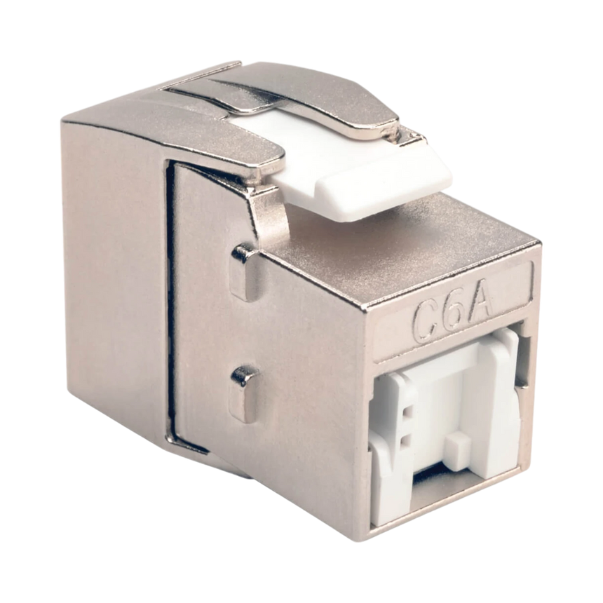 Tripp Lite Toolless Shielded Cat6a Keystone Jack, PoE/PoE+ Compliant, Shuttered, Silver, TAA — Being Shipped