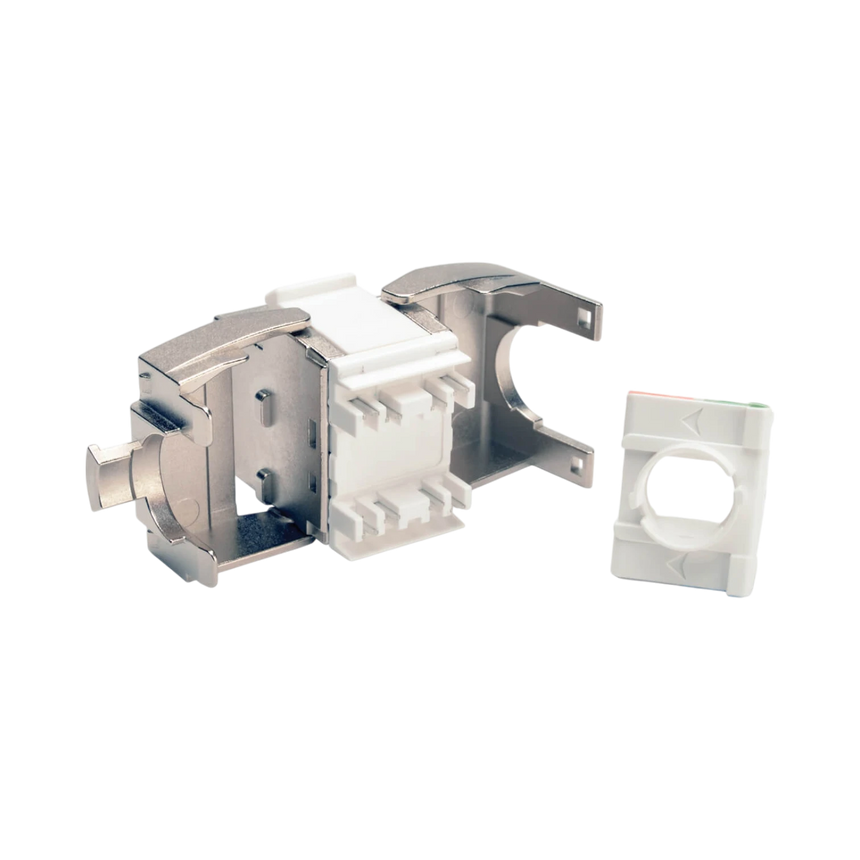 Tripp Lite Toolless Shielded Cat6a Keystone Jack, PoE/PoE+ Compliant, Shuttered, Silver, TAA — Being Shipped