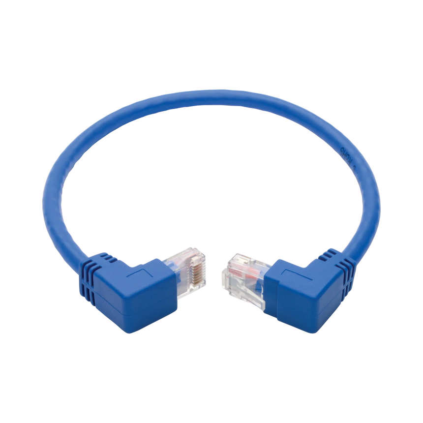 Tripp Lite Up/Down-Angle Cat6 Gigabit Molded UTP Ethernet Cable (RJ45 Up-Angle M to RJ45 Down-Angle M), Blue, 1 ft. (0.31 m) — Being Shipped