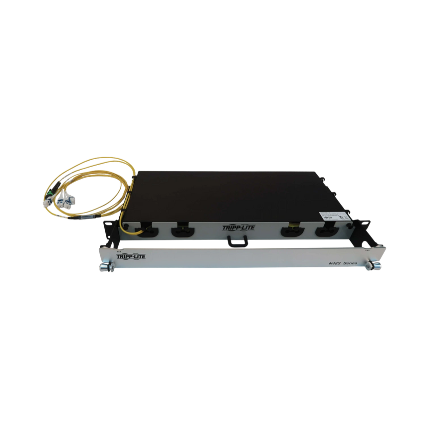 Tripp Lite Preloaded Fiber Panel, 1U - 2x (12F MTP/MPO-APC to 4x LC Duplex F/M) 8F Trunk Cables, OS2 Singlemode, 20 m (65.6 ft.) — Being Shipped