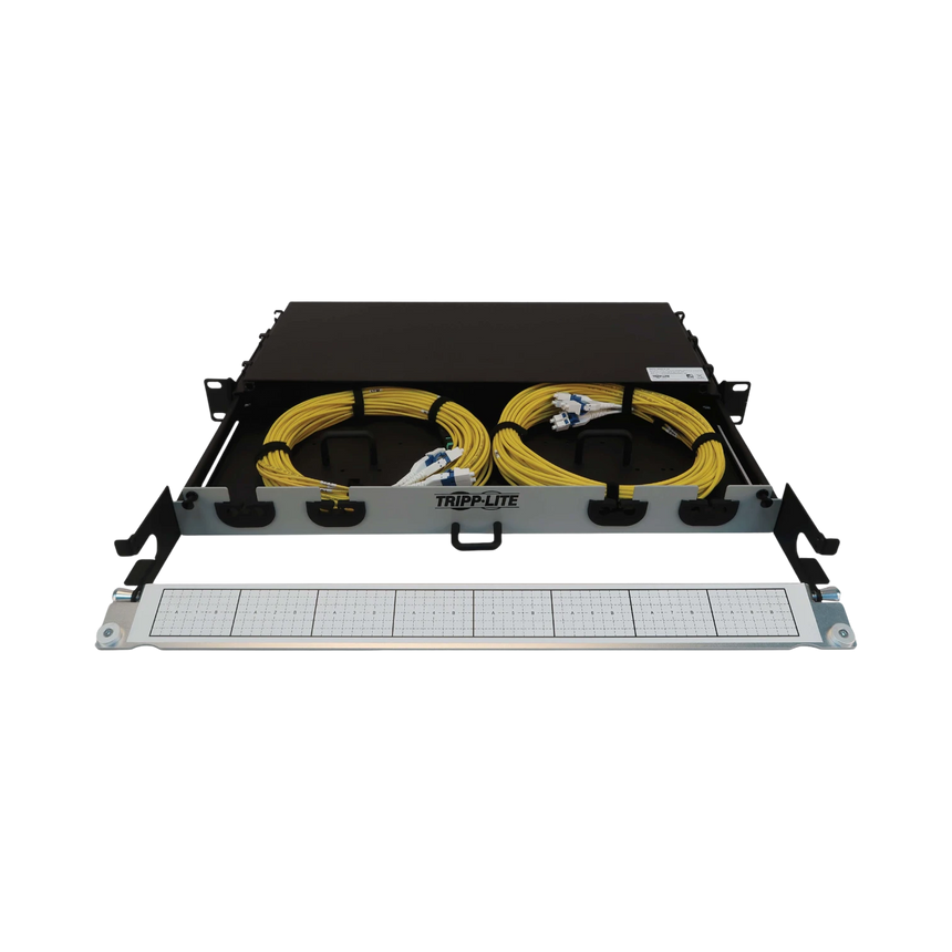 Tripp Lite Preloaded Fiber Panel, 1U - 2x (12F MTP/MPO-APC to 4x LC Duplex F/M) 8F Trunk Cables, OS2 Singlemode, 20 m (65.6 ft.) — Being Shipped