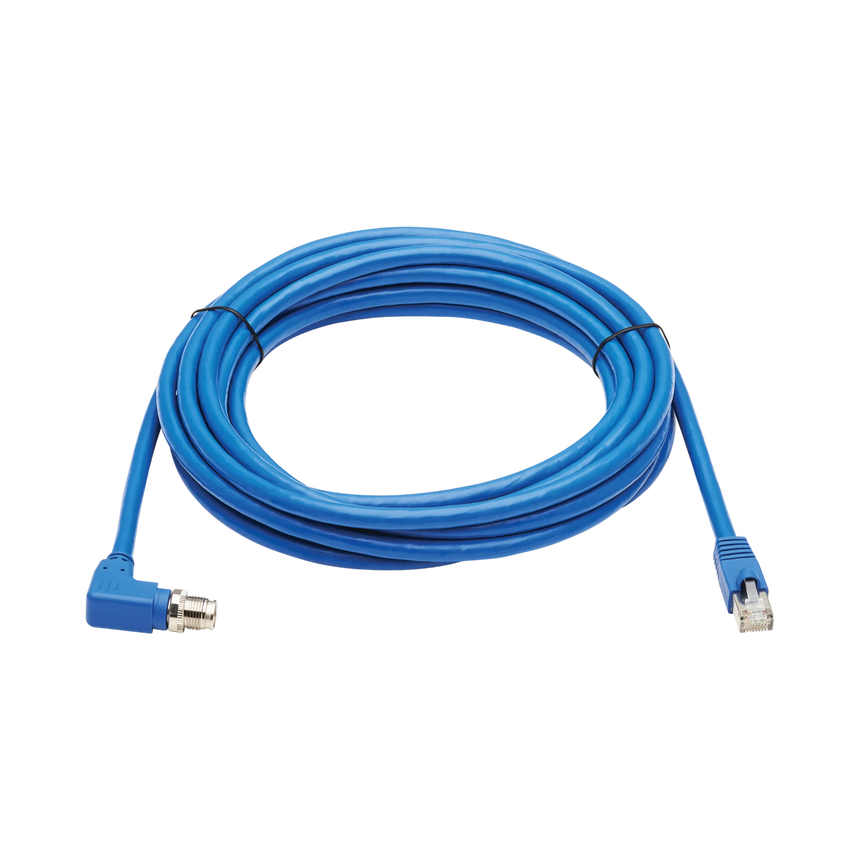 Tripp Lite M12 X-Code Cat6a 10G F/UTP CMR-LP Shielded Ethernet Cable (Right-Angle M12 M/RJ45 M), IP68, PoE, Blue, 10 m (32.8 ft.), TAA — Being Shipped