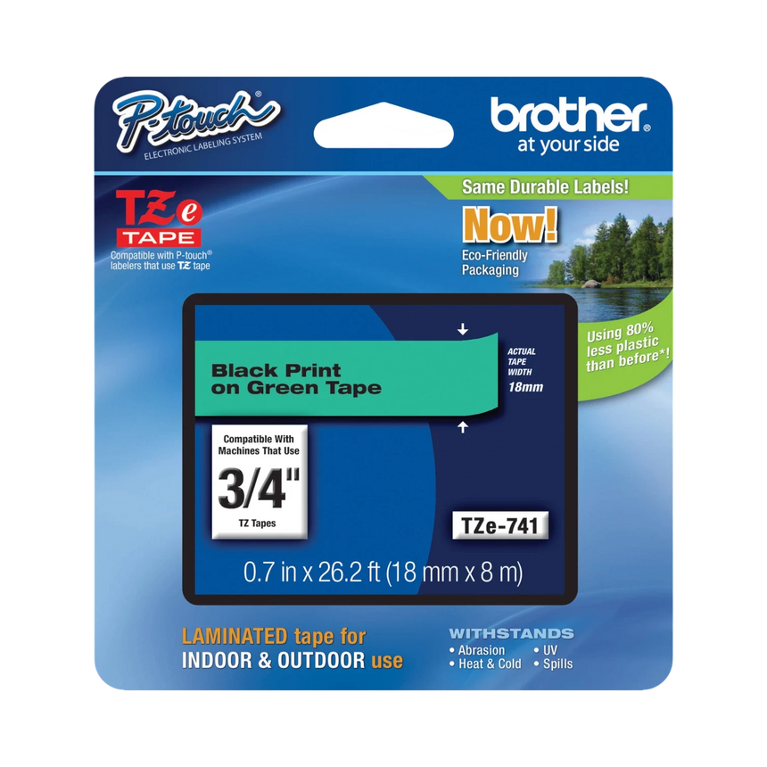 Brother TZe741 18mm Black on Green Laminated Tape — Being Shipped
