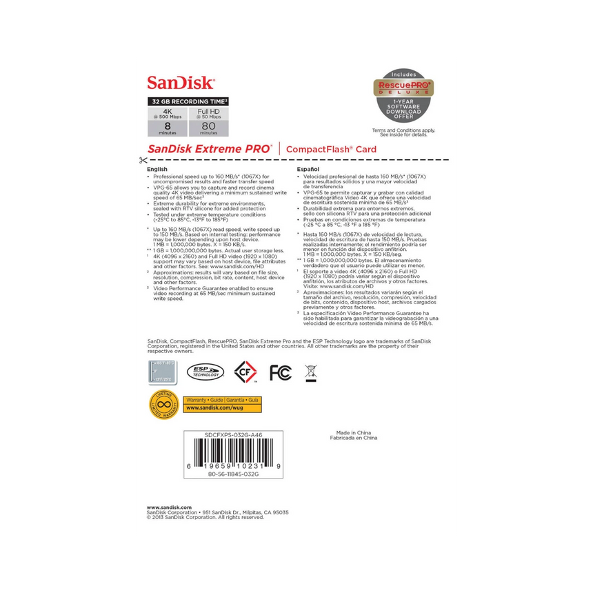 SanDisk Extreme Pro CompactFlash 32GB 160MB/s Memory Card — Being Shipped