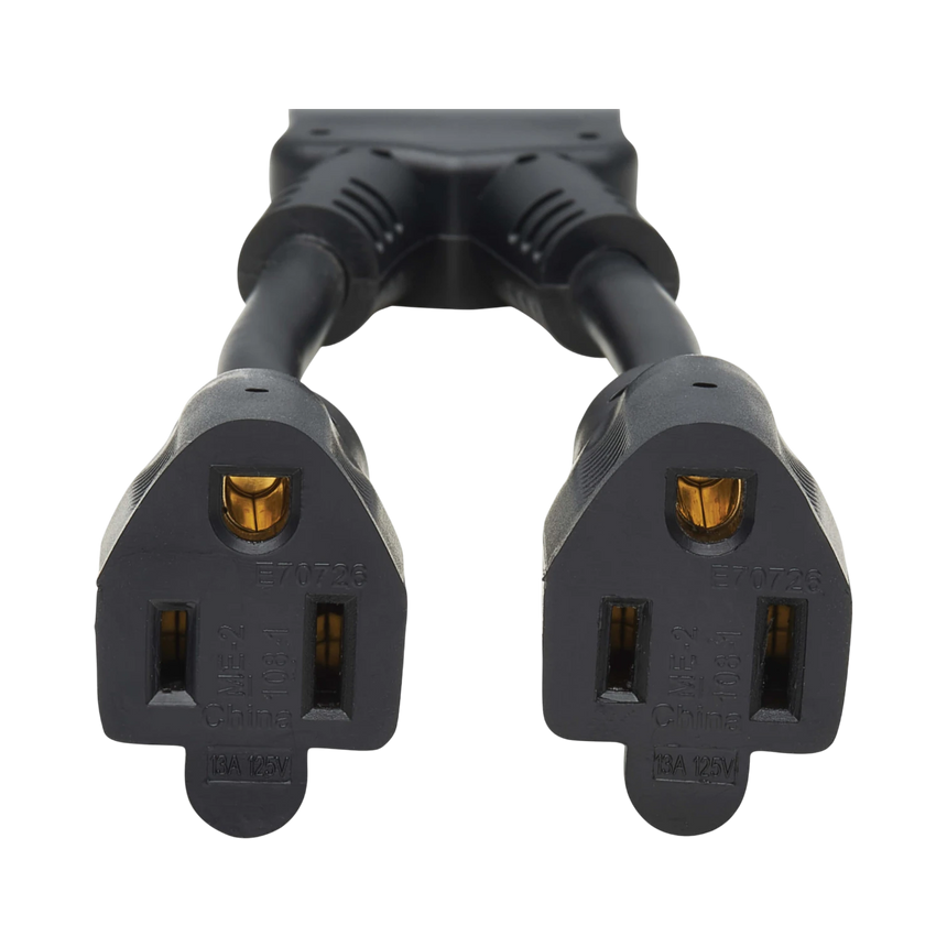 Tripp Lite Extension Cord Y Splitter, NEMA 5-15P to 2x NEMA 5-15R, 13A, 125V, 16 AWG, 1 ft. (0.3 m), Black — Being Shipped