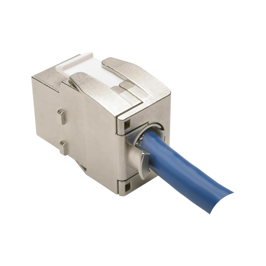 Tripp Lite Toolless Shielded Cat6a Keystone Jack, PoE/PoE+ Compliant, Shuttered, Silver, TAA — Being Shipped