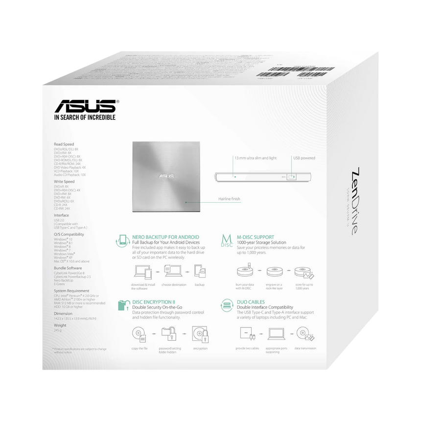 ASUS ZenDrive U9M External DVD Writer (Silver) — Being Shipped