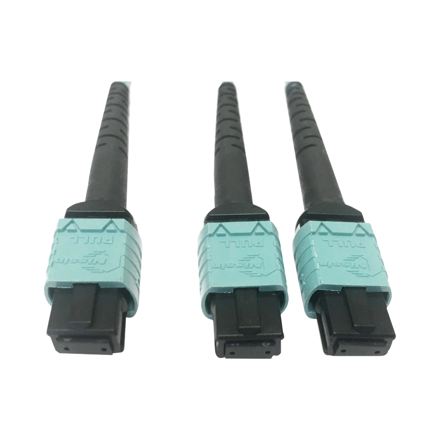 Tripp Lite 400G Multimode 50/125 OM4 Plenum Fiber Optic Cable, 24F MTP/MPO-PC to (x2) 12F MTP/MPO-PC (F/F), Aqua, 1 m — Being Shipped