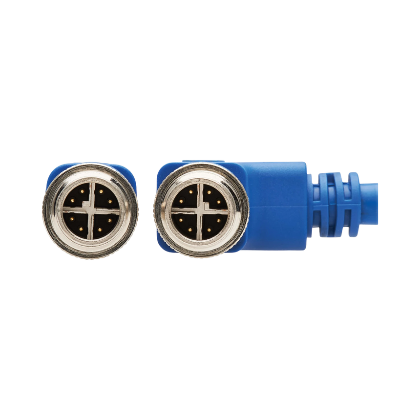 Tripp Lite M12 X-Code Cat6 1G UTP CMR-LP Ethernet Cable (Right-Angle M/M), IP68, PoE, Blue, 1 m (3.3 ft.), TAA — Being Shipped