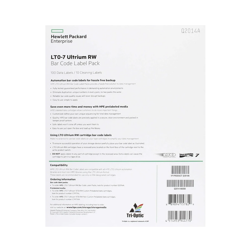 HPE LTO-7 Ultrium RW Bar Code Label Pack — Being Shipped