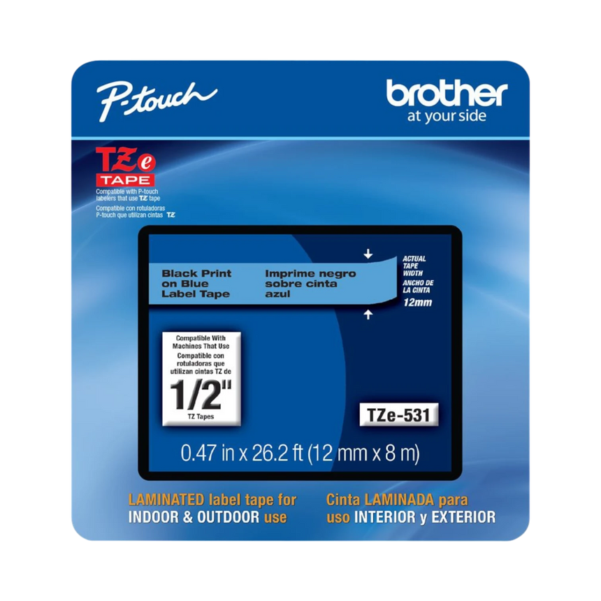 Brother Black Print on Blue Laminated Label Tape for P-touch Label Maker, 12mm (0.47") wide x 8m (26.2’) long — Being Shipped