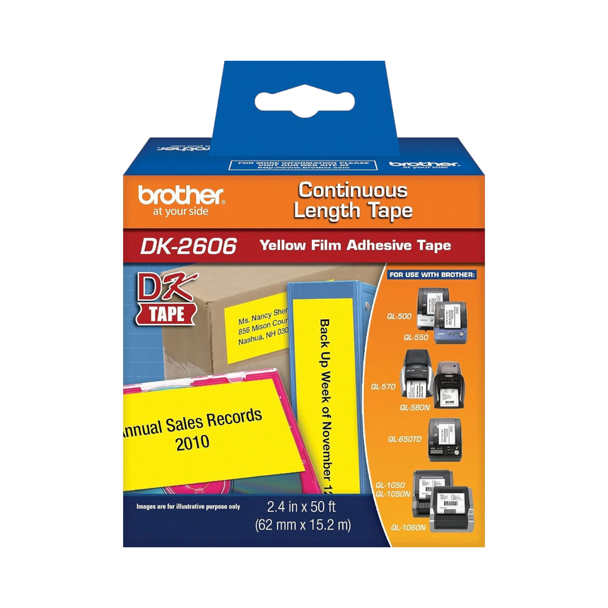 Brother 2.4 in x 50 ft (62 mm x 15.2 m) Black on Yellow Continuous Length Film Tape — Being Shipped