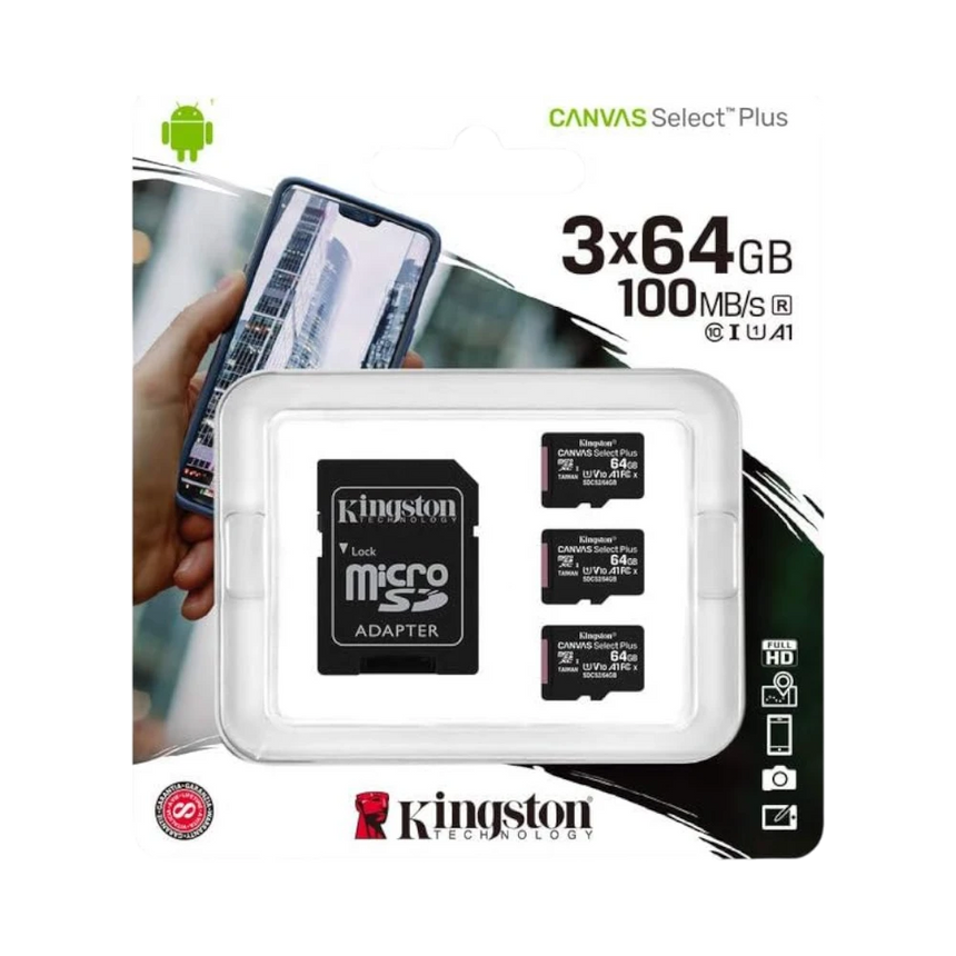 Kingston Canvas Select Plus 64GB UHS-I microSDXC Memory Card with SD Adapter (3-Pack) — Being Shipped