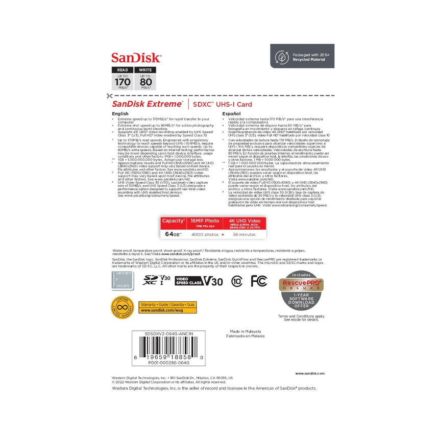 SanDisk Extreme 64GB UHS-I SDXC 170 MB/s Memory Card — Being Shipped