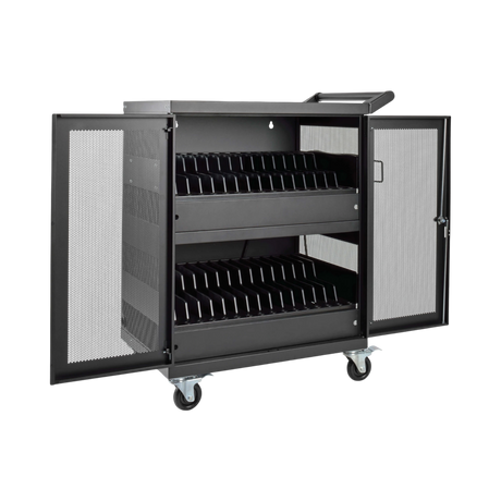 Tripp Lite Multi-Device Charging Cart, 32 AC Outlets, Chromebooks and Laptops, Wall-Mount Option, Black — Being Shipped