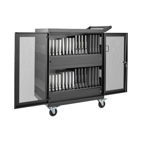 Tripp Lite Multi-Device Charging Cart, 32 AC Outlets, Chromebooks and Laptops, Wall-Mount Option, Black — Being Shipped