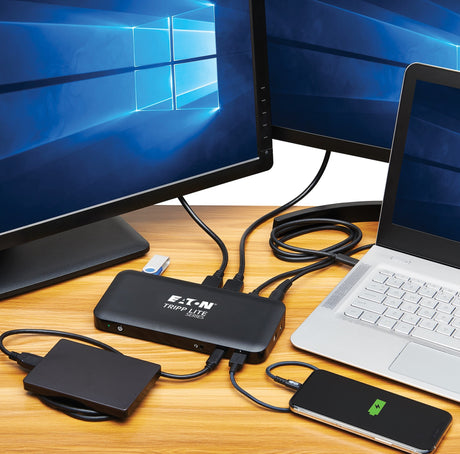 Tripp Lite USB-C Dock, Triple Display, 4K 60 Hz HDMI/DisplayPort, USB 3.x Gen 2 (10Gbps), USB-A/USB-C Hub, GbE, 85W PD Charging, EU/UK Power Adapters — Being Shipped