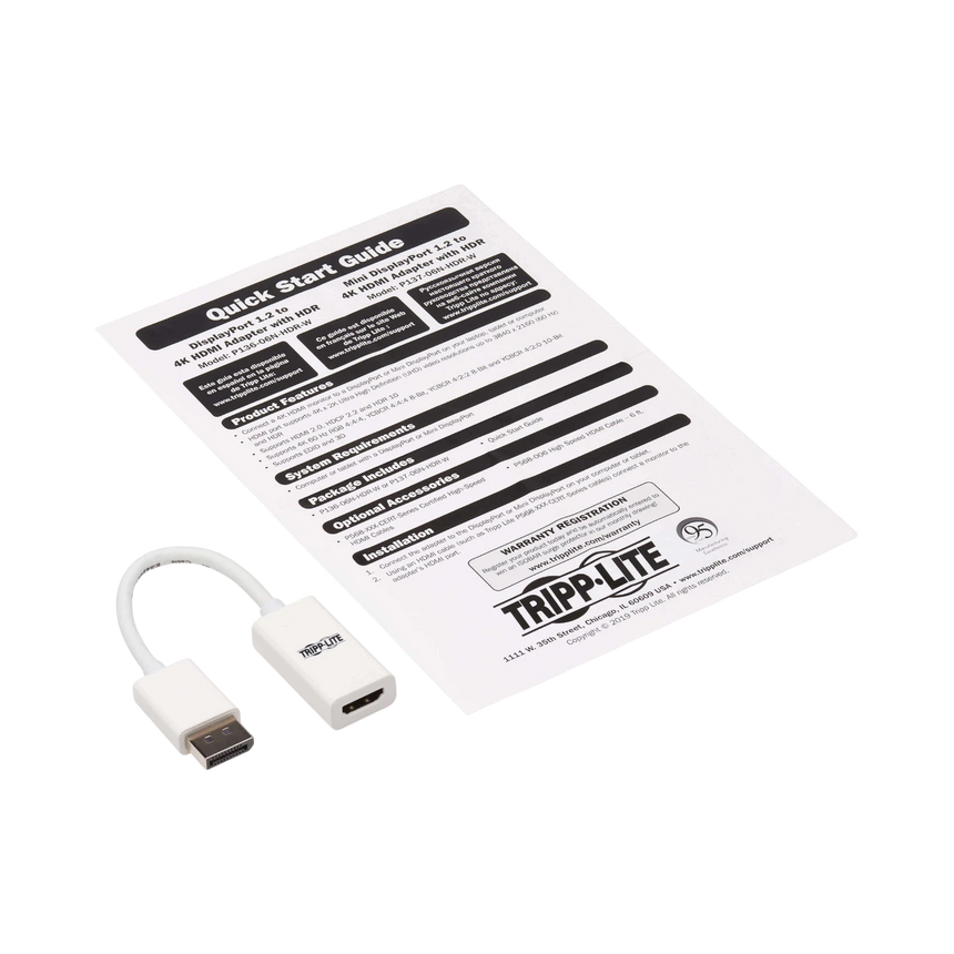 Tripp Lite DisplayPort to HDMI Active Adapter (M/F), 4K 60Hz, HDR, DP 1.2, HDCP 2.2, White, 6 in. — Being Shipped