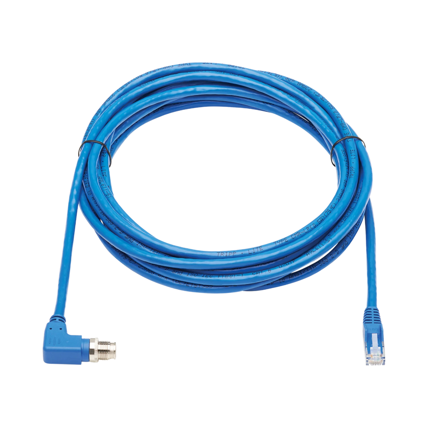 Tripp Lite M12 X-Code Cat6 1G UTP CMR-LP Ethernet Cable (Right-Angle M12 M/RJ45 M), IP68, PoE, Blue, 3 m (9.8 ft.), TAA — Being Shipped