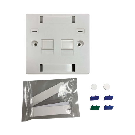 Tripp Lite 2-Port UK-Style Keystone Wall Plate, Unloaded Shuttered Module, Icon Tabs, White, TAA — Being Shipped