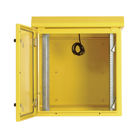 Tripp Lite SmartRack Industrial Enclosure, NEMA 3R, Wall Mount, Metal, Locking, Hinged Back, Fan With Thermal Switch, 28 in. Depth, 12U, Yellow — Being Shipped