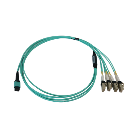 Tripp Lite 40/100/400G Multimode 50/125 OM3 Fiber Optic Cable (12F MTP/MPO-PC to 4x Duplex LC/PC F/M), LSZH, Aqua, 1 m (3.3 ft.) — Being Shipped