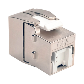 Tripp Lite Toolless Shielded Cat6a Keystone Jack, PoE/PoE+ Compliant, Shuttered, Silver, TAA — Being Shipped