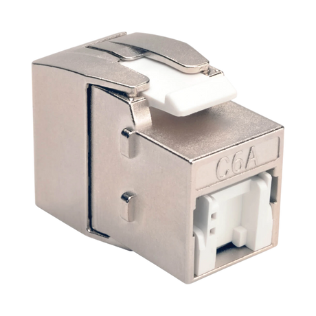 Tripp Lite Toolless Shielded Cat6a Keystone Jack, PoE/PoE+ Compliant, Shuttered, Silver, TAA — Being Shipped