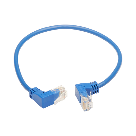 Tripp Lite Up/Down-Angle Cat6 Gigabit Molded Slim UTP Ethernet Cable (RJ45 Up-Angle M to RJ45 Down-Angle M), Blue, 1 ft. (0.31 m) — Being Shipped