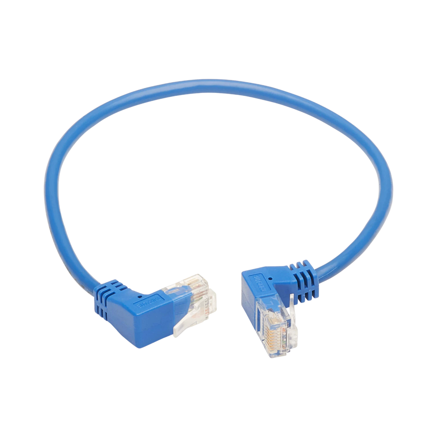 Tripp Lite Up/Down-Angle Cat6 Gigabit Molded Slim UTP Ethernet Cable (RJ45 Up-Angle M to RJ45 Down-Angle M), Blue, 1 ft. (0.31 m) — Being Shipped