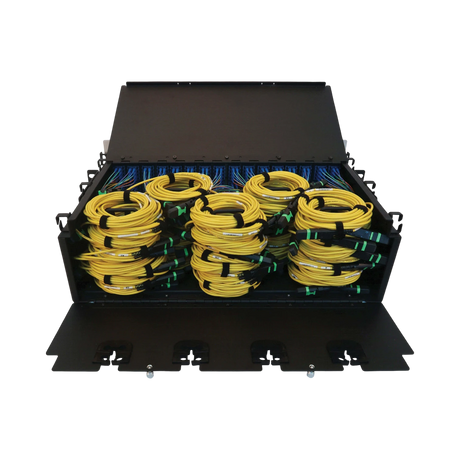 Tripp Lite Preloaded Fiber Patch Panel, 3U, 64x (12F MTP/MPO-APC to 4x LC Duplex F/F) 8F Trunk Cables, OS2 Singlemode, 3 m (9.8 ft.) — Being Shipped