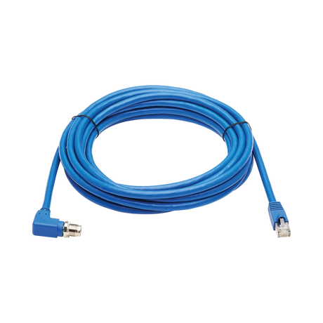 Tripp Lite M12 X-Code Cat6a 10G F/UTP CMR-LP Shielded Ethernet Cable (Right-Angle M12 M/RJ45 M), IP68, PoE, Blue, 10 m (32.8 ft.), TAA — Being Shipped