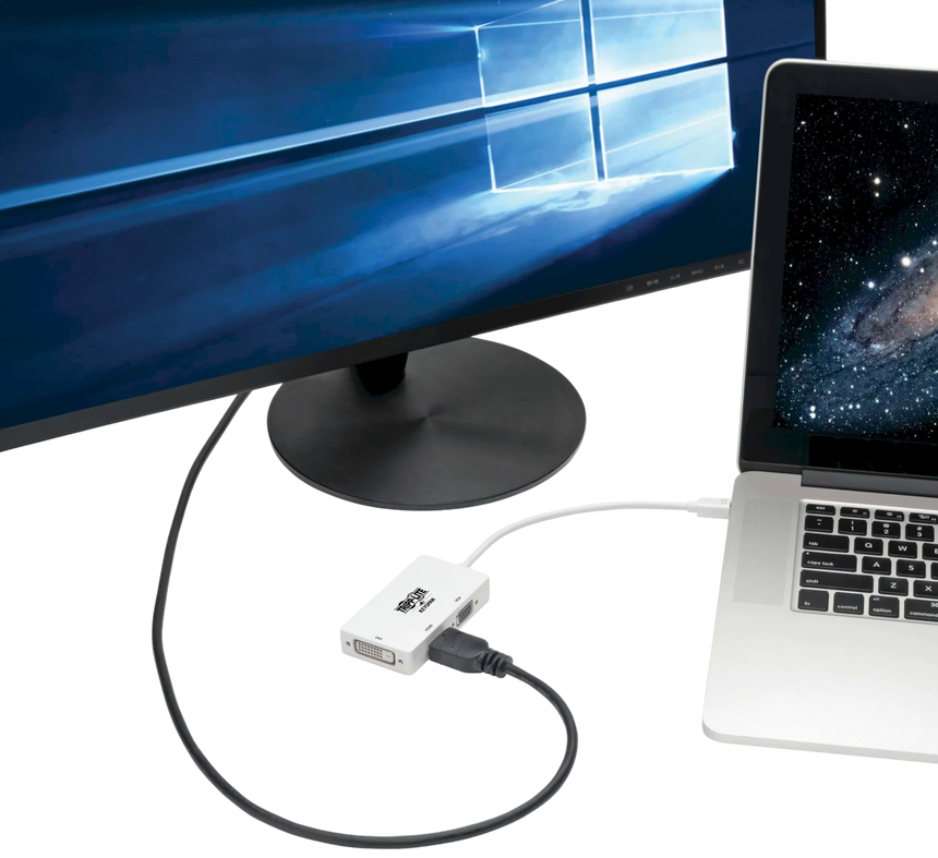 Tripp Lite Keyspan Mini DisplayPort to VGA/DVI/HDMI All-in-One Video Converter Adapter, White, 6-in. (15.24 cm) — Being Shipped