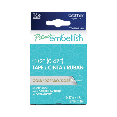 Brother 12mm P-touch Embellish Gold on Satin Silver Tape — Being Shipped