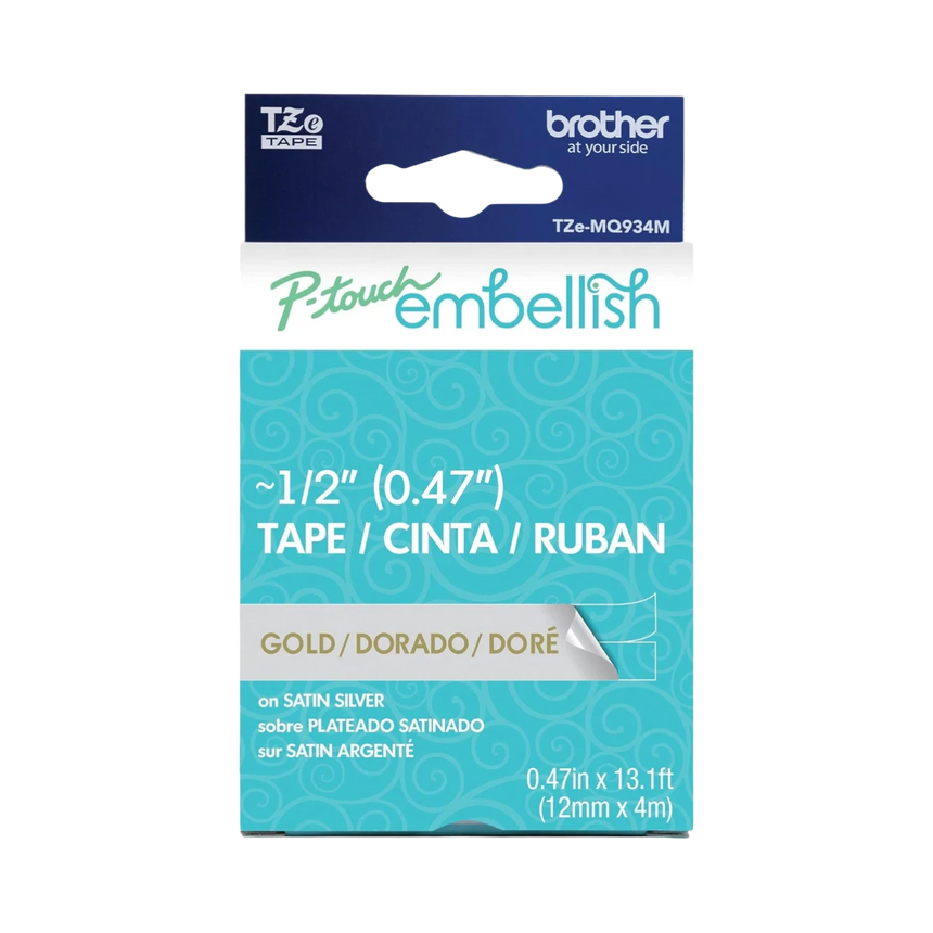 Brother 12mm P-touch Embellish Gold on Satin Silver Tape — Being Shipped