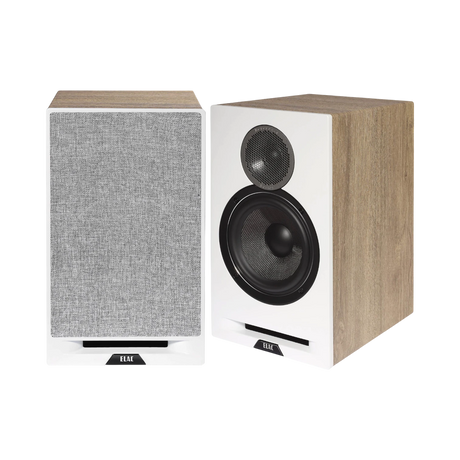 ELAC Debut Reference Two-Way Bookshelf Pair Speaker (White Baffle, Oak Cabinet) — Being Shipped