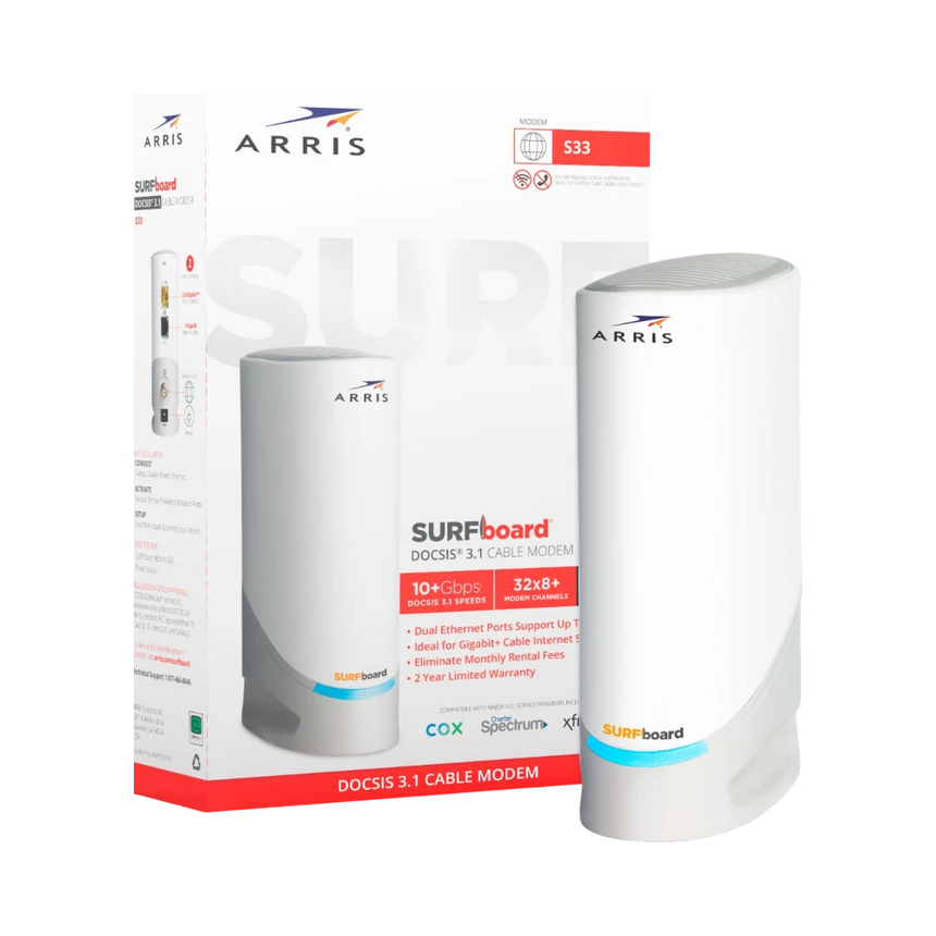 ARRIS SURFboard S33 32 x 8 DOCSIS 3.1 Multi-Gig Cable Modem with 2.5 Gbps Ethernet Port (White) — Being Shipped