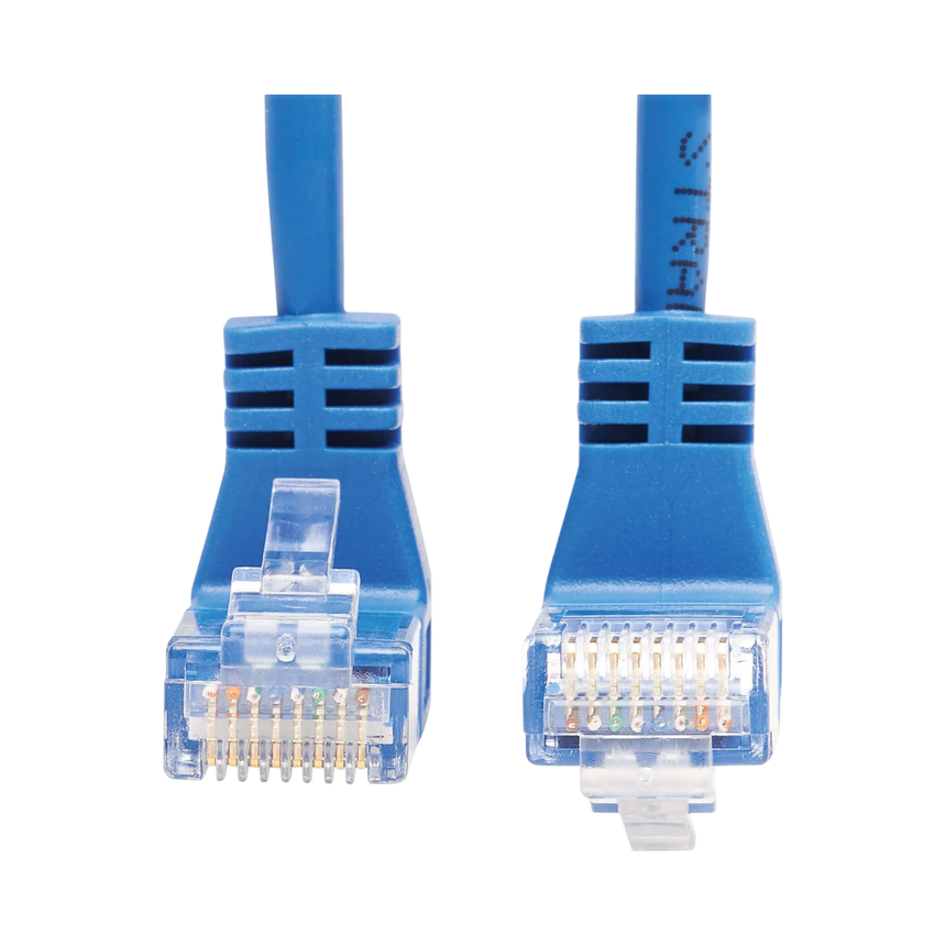 Tripp Lite Up/Down-Angle Cat6 Gigabit Molded Slim UTP Ethernet Cable (RJ45 Up-Angle M to RJ45 Down-Angle M), Blue, 1 ft. (0.31 m) — Being Shipped