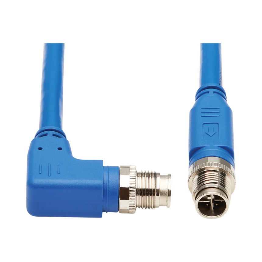 Tripp Lite M12 X-Code Cat6a 10G F/UTP CMR-LP Shielded Ethernet Cable (Right-Angle M/M), IP68, PoE, Blue, 2 m (6.6 ft.), TAA — Being Shipped