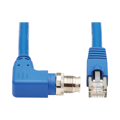 Tripp Lite M12 X-Code Cat6a 10G F/UTP CMR-LP Shielded Ethernet Cable (Right-Angle M12 M/RJ45 M), IP68, PoE, Blue, 10 m (32.8 ft.), TAA — Being Shipped