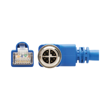 Tripp Lite M12 X-Code Cat6a 10G F/UTP CMR-LP Shielded Ethernet Cable (Right-Angle M12 M/RJ45 M), IP68, PoE, Blue, 10 m (32.8 ft.), TAA — Being Shipped