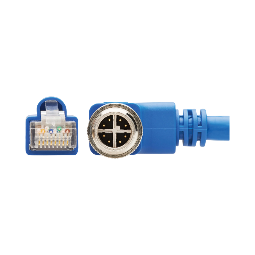 Tripp Lite M12 X-Code Cat6a 10G F/UTP CMR-LP Shielded Ethernet Cable (Right-Angle M12 M/RJ45 M), IP68, PoE, Blue, 10 m (32.8 ft.), TAA — Being Shipped