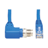 Tripp Lite M12 X-Code Cat6 1G UTP CMR-LP Ethernet Cable (Right-Angle M12 M/RJ45 M), IP68, PoE, Blue, 5 m (16.4 ft.), TAA — Being Shipped