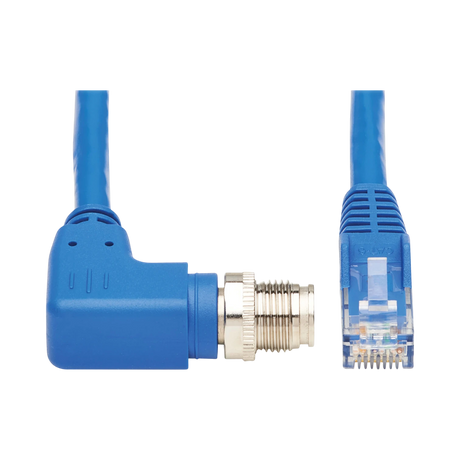 Tripp Lite M12 X-Code Cat6 1G UTP CMR-LP Ethernet Cable (Right-Angle M12 M/RJ45 M), IP68, PoE, Blue, 5 m (16.4 ft.), TAA — Being Shipped