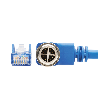 Tripp Lite M12 X-Code Cat6 1G UTP CMR-LP Ethernet Cable (Right-Angle M12 M/RJ45 M), IP68, PoE, Blue, 5 m (16.4 ft.), TAA — Being Shipped