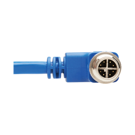Tripp Lite M12 X-Code Cat6 1G UTP CMR-LP Ethernet Cable (Right-Angle M12 M/RJ45 M), IP68, PoE, Blue, 5 m (16.4 ft.), TAA — Being Shipped