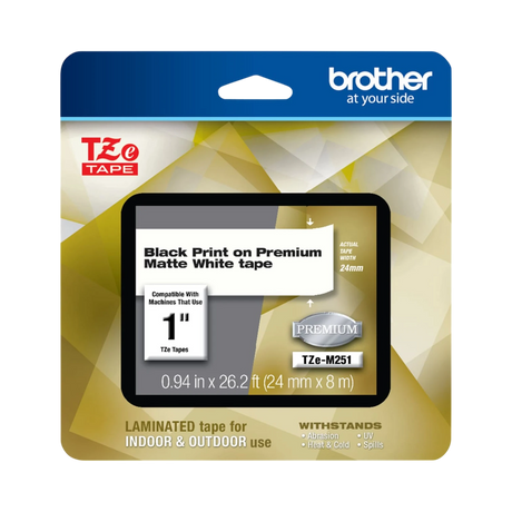 Brother Laminated Tape for P-Touch Label Makers (Black on Matte White, 1" x 26.2') — Being Shipped