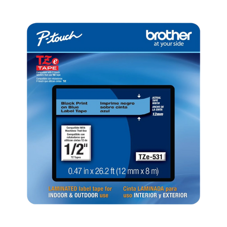 Brother Black Print on Blue Laminated Label Tape for P-touch Label Maker, 12mm (0.47") wide x 8m (26.2’) long — Being Shipped